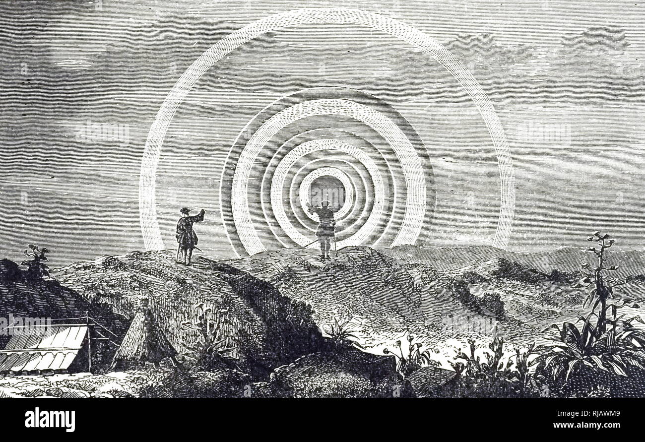 An engraving depicting Antonio de Ulloa discovering an 'Ulloa circle' - a rare optical illusion consisting of a white luminous ring or arch sometimes seen in mountainous regions, typically in foggy weather, while facing an area opposite the Sun. Antonio de Ulloa (1716-1795) a Spanish general of the navy, explorer, scientist, author, astronomer, colonial administrator and the first Spanish governor of Louisiana. Dated 19th century Stock Photo
