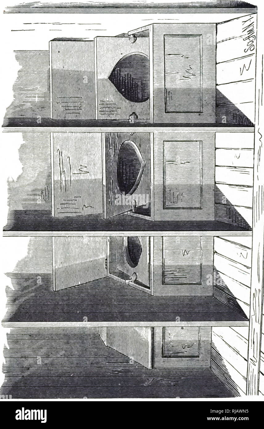 An engraving depicting a pivoted closet seat invented by Edwin R Parkes