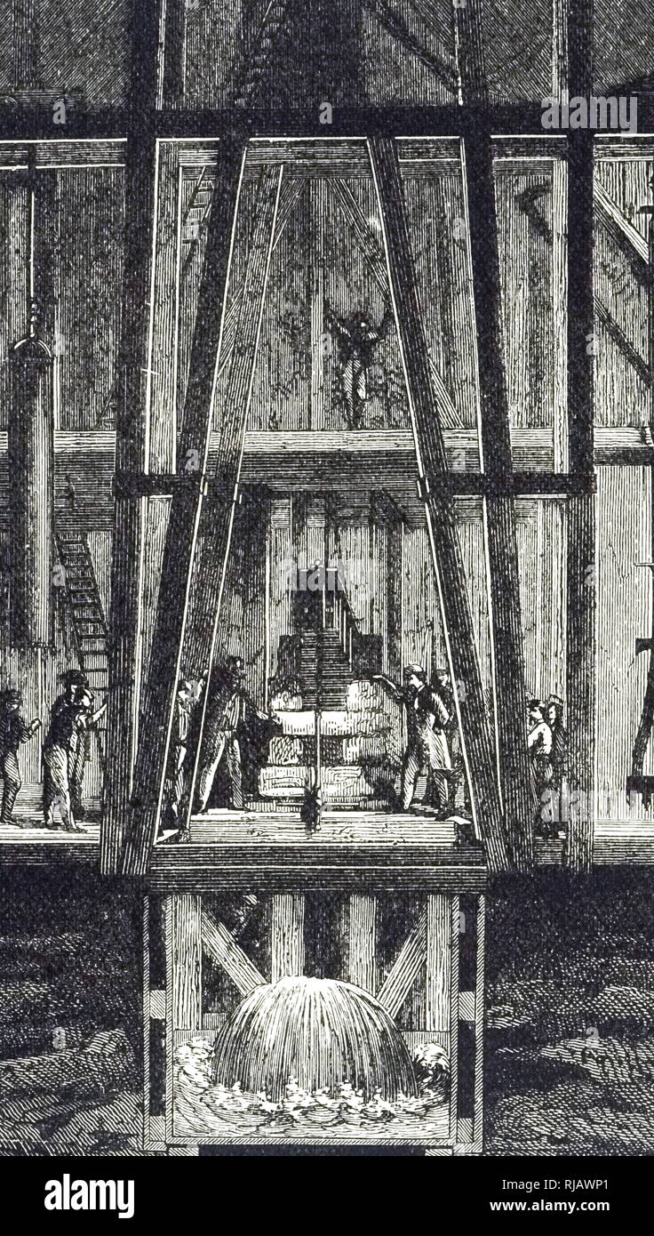 An engraving depicting a cross-section of an artesian well, showing the water rising. Dated 19th century Stock Photo