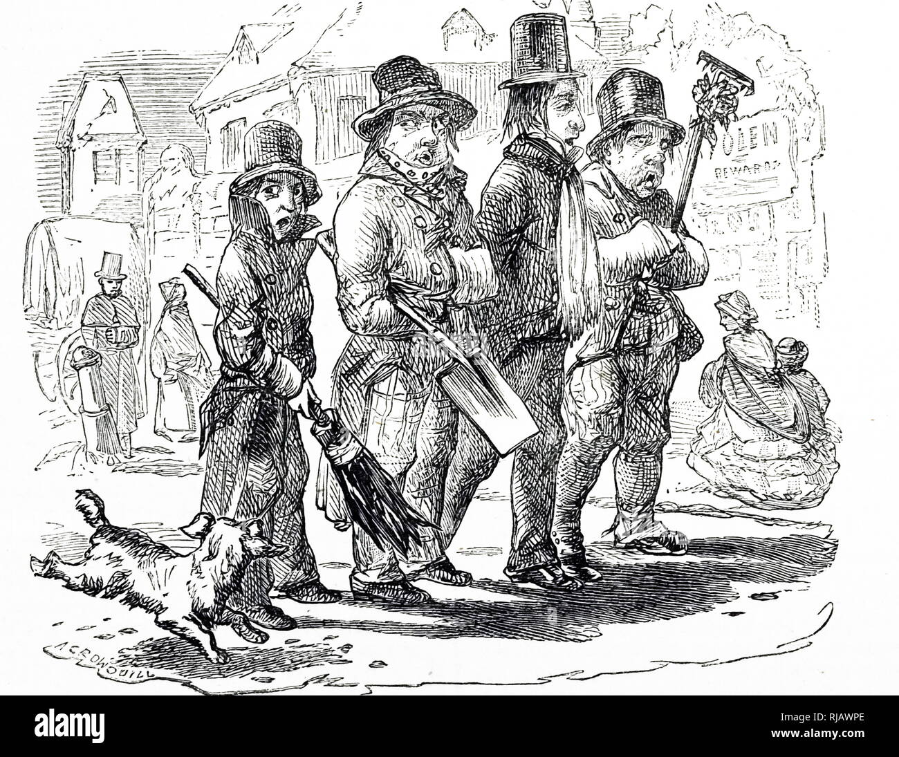 A cartoon titled 'Frozen-out Gardeners' - opportunists pretending to be gardeners to excite charity in more affluent classes. Dated 19th century Stock Photo