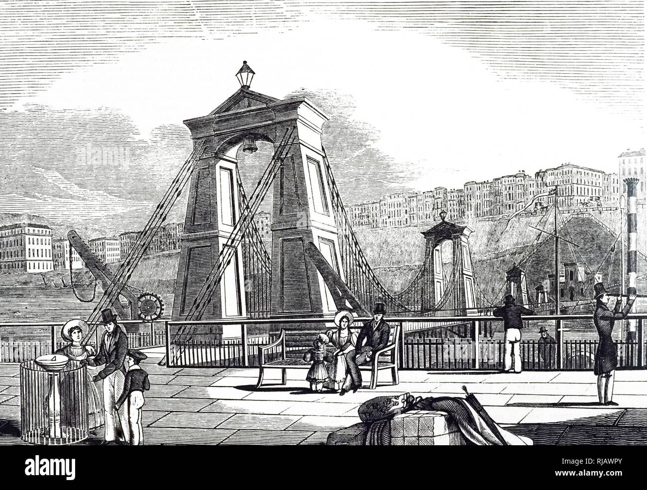An engraving depicting the chain pier on Brighton beach which uses a