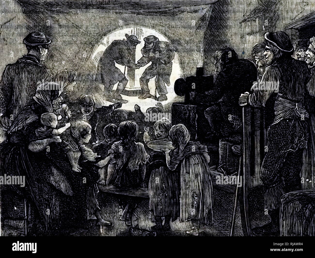 An engraving depicting children in the East End of London enjoying a magic lantern show. Dated 19th century Stock Photo