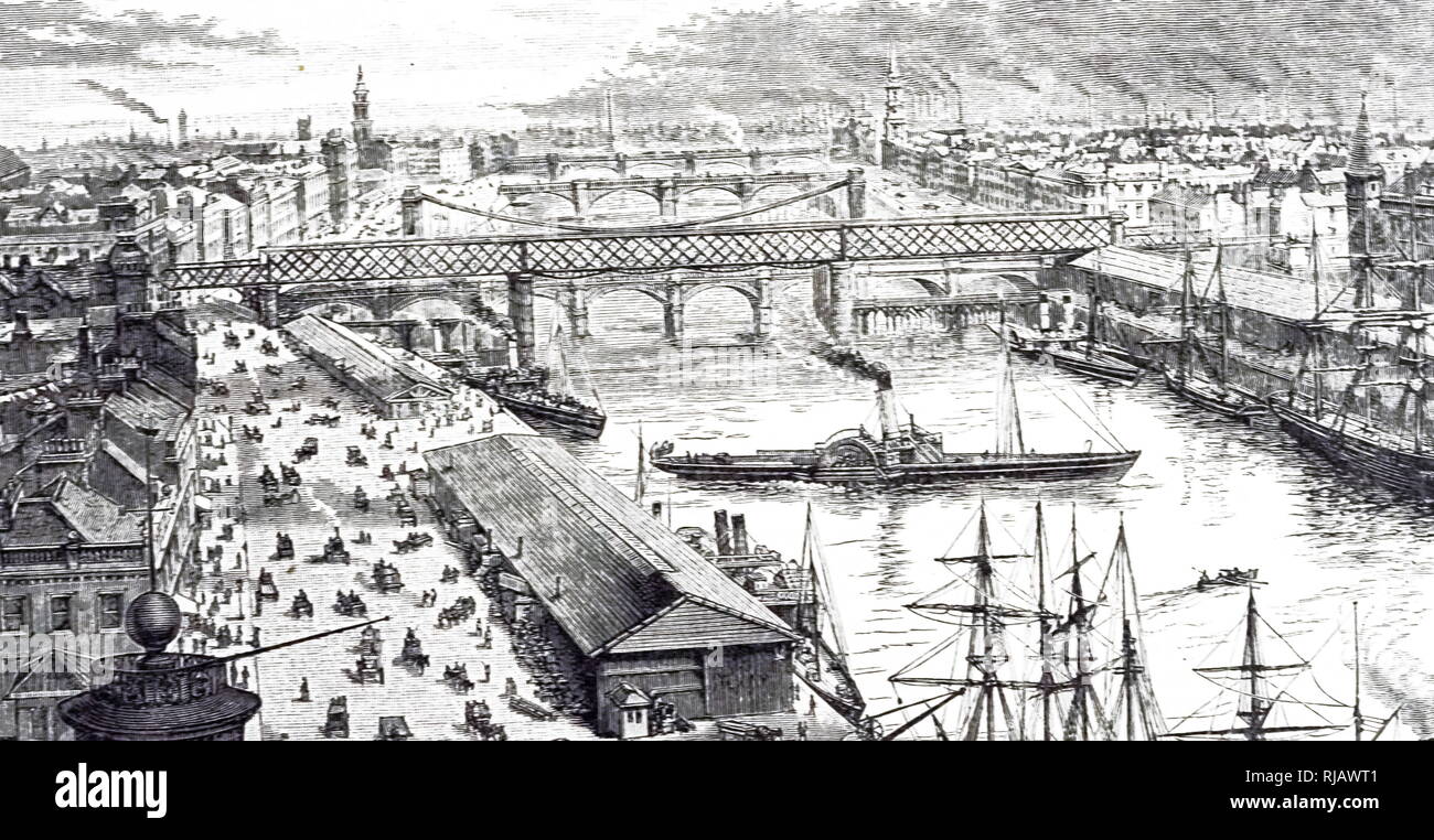 An engraving depicting a view of Glasgow from the Broomielaw, a major