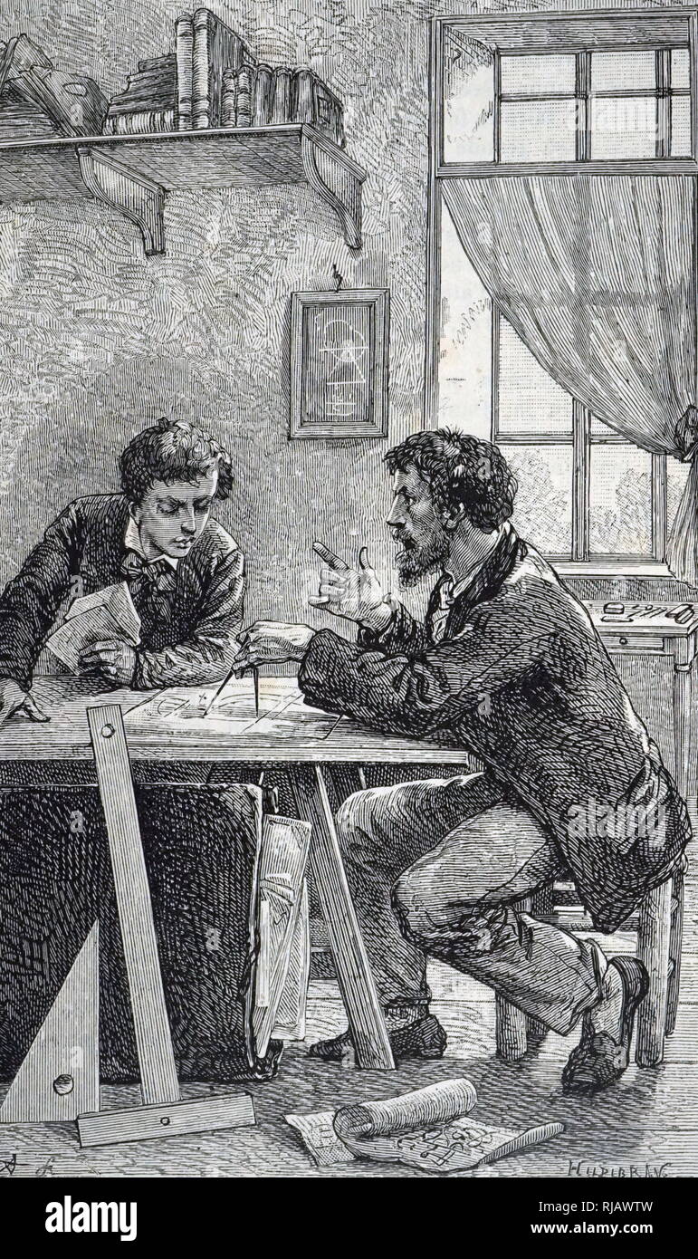 An engraving depicting an inventor explaining his drawings to his son