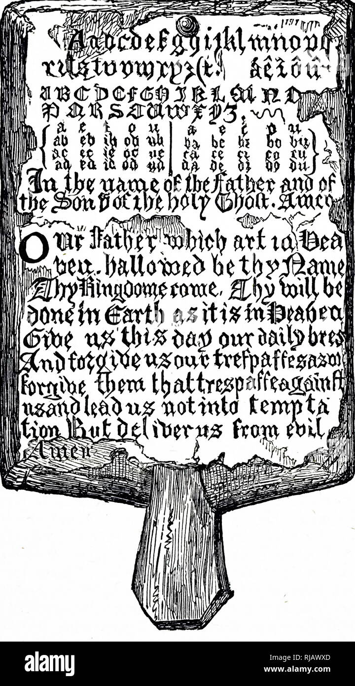 A woodcut engraving depicting a hornbook, a book that serves as a