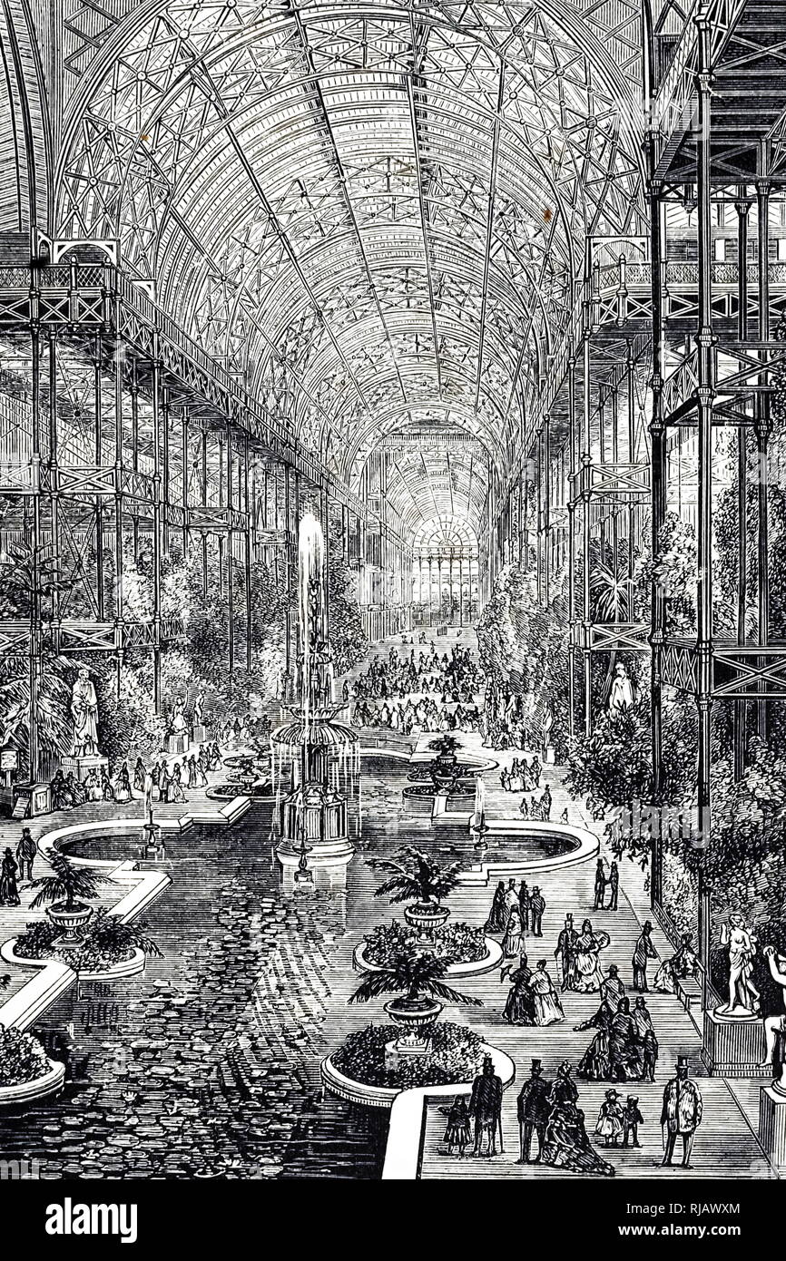 An engraving depicting the interior of the Crystal Palace showing the cast-iron skeleton. Dated 19th century Stock Photo