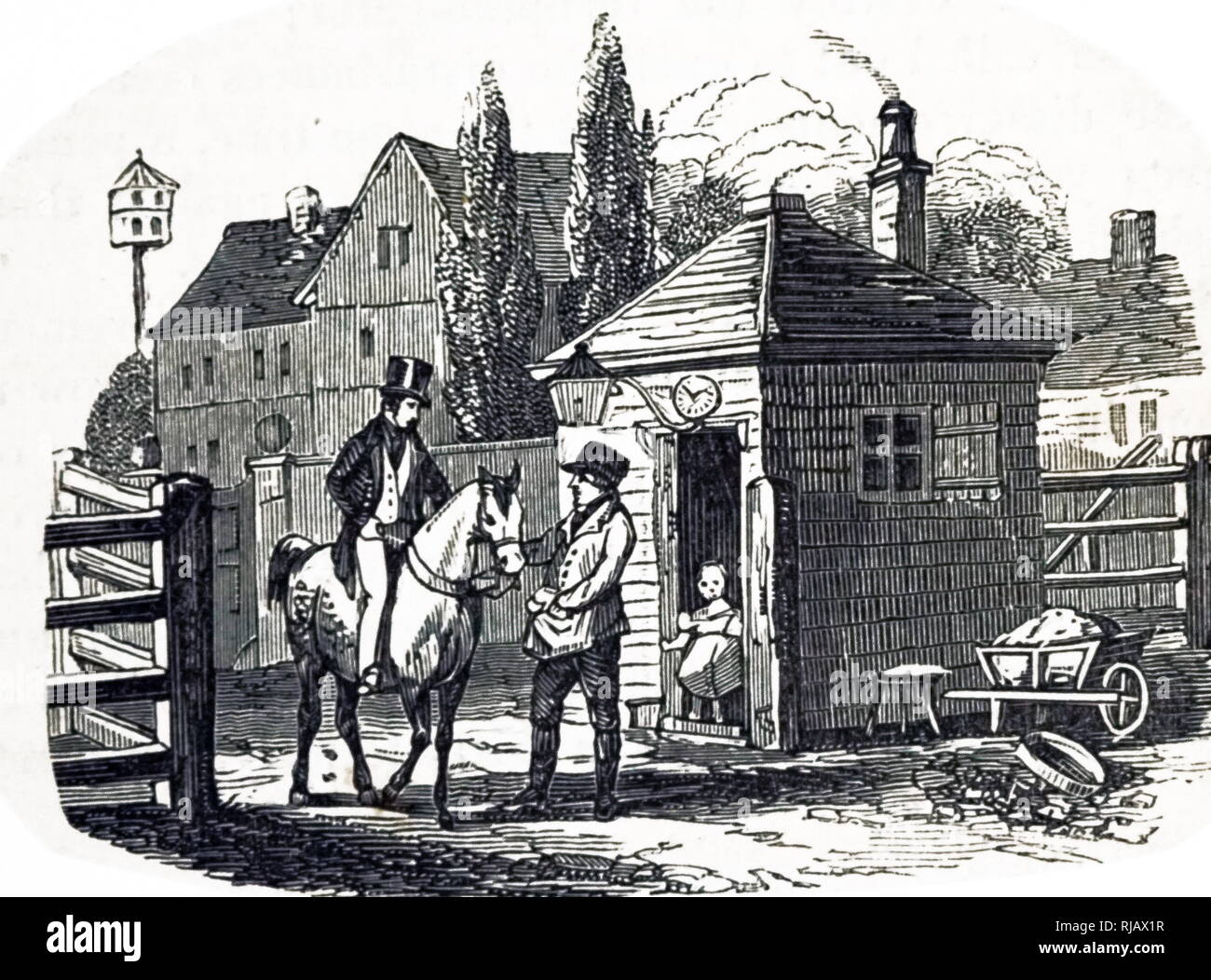 An engraving depicting a toll gate keeper collecting a fee from a rider. Dated 19th century Stock Photo