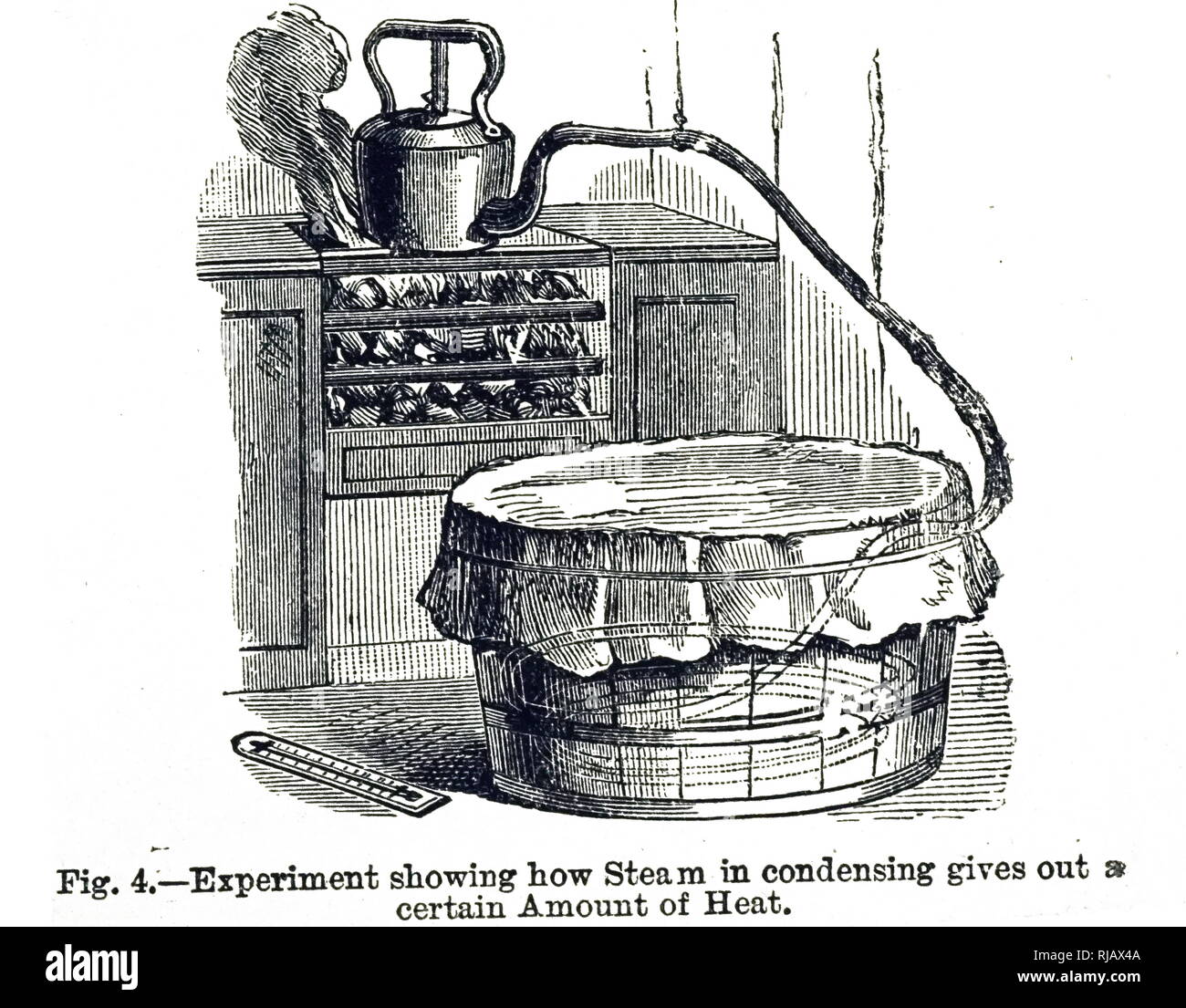An engraving depicting an experiment showing how condensing steam gives