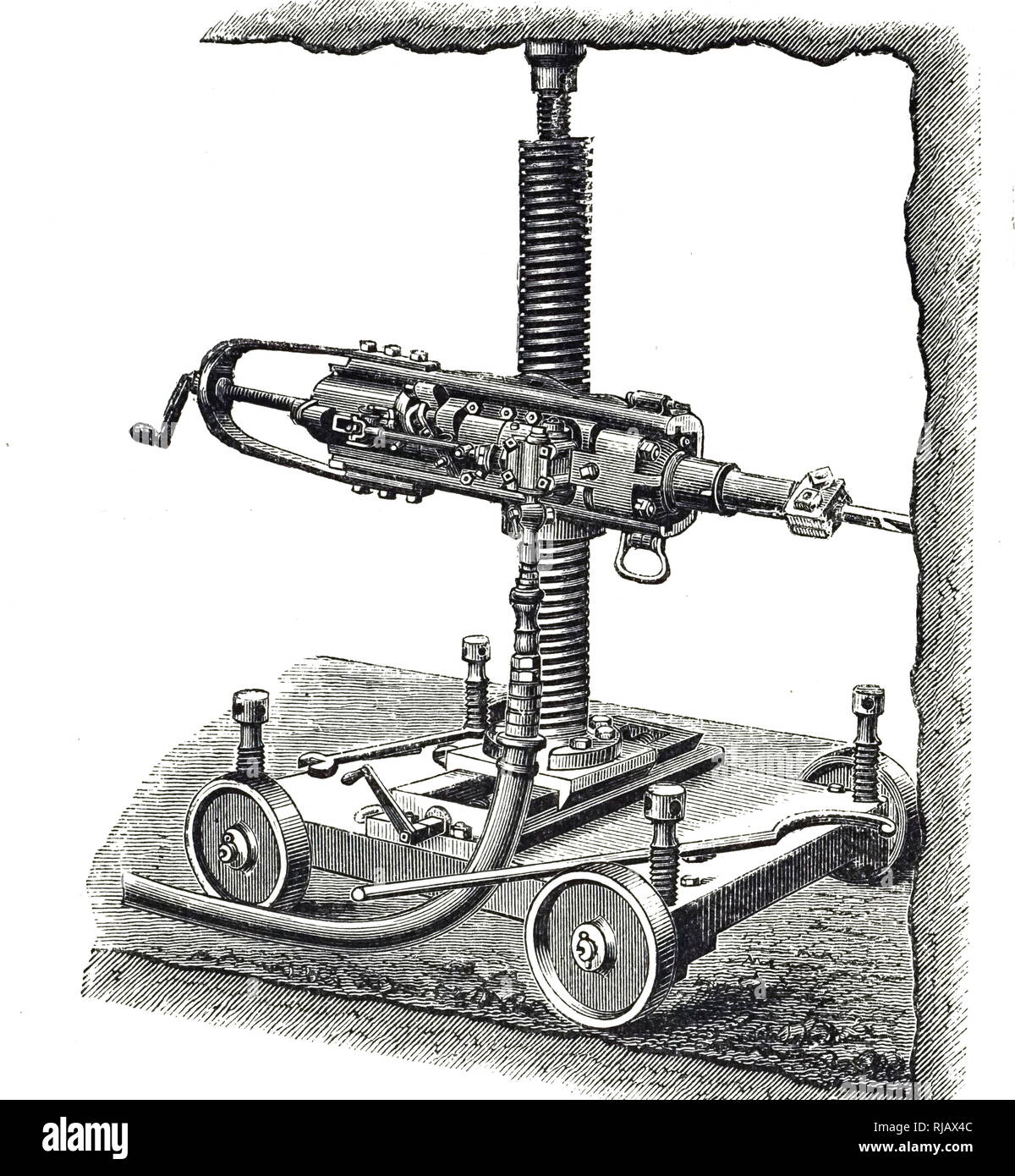 An engraving depicting a Burleigh rock drill mounted on a marble stand. Dated 19th century Stock Photo