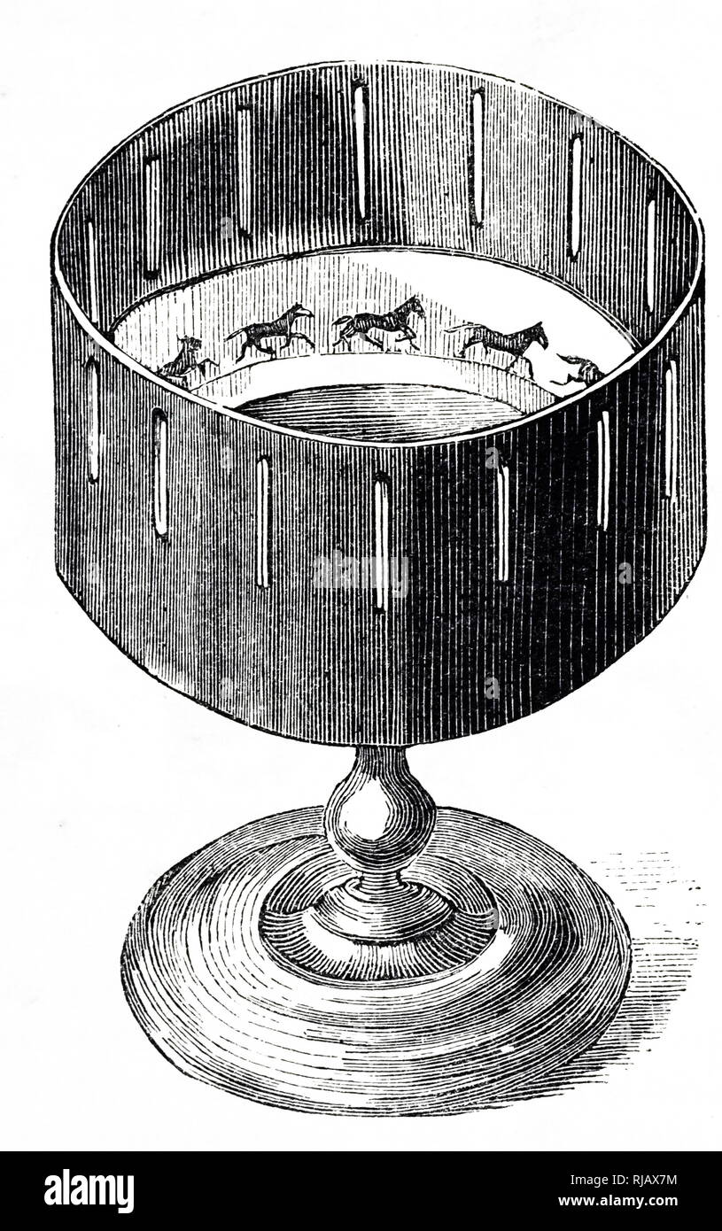 An engraving depicting a zoetrope, one of several pre-film animation devices that produce the illusion of motion by displaying a sequence of drawings or photographs showing continuous phases of that motion. Dated 19th century Stock Photo