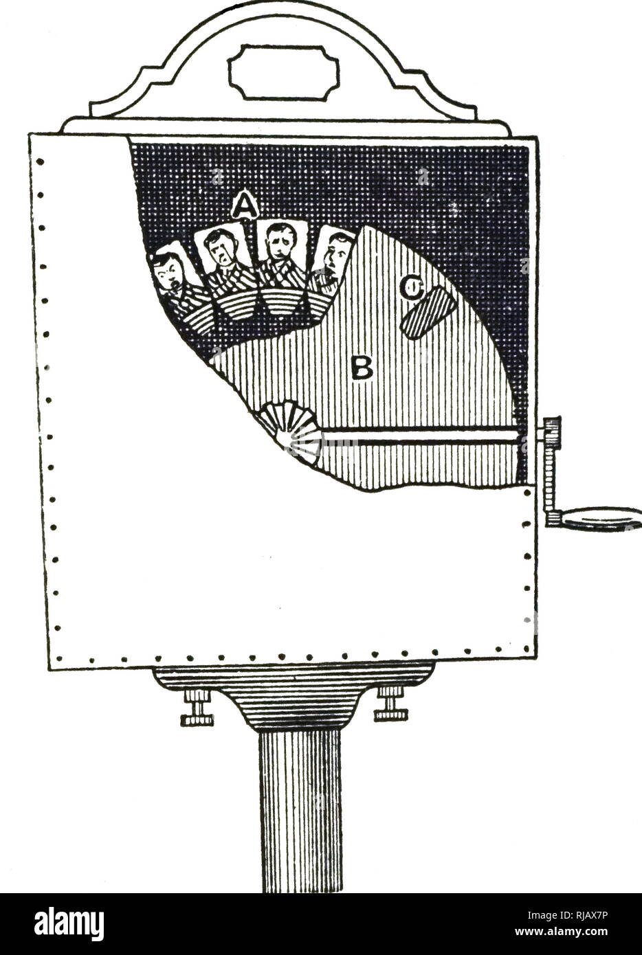 An engraving depicting Dumney's Phonoscope. In this, a series of stills of a man speaking was fixed to the edge of a circular card. When this was turned and viewed through a split, it gave the appearance of the continuous picture. Dated 19th century Stock Photo