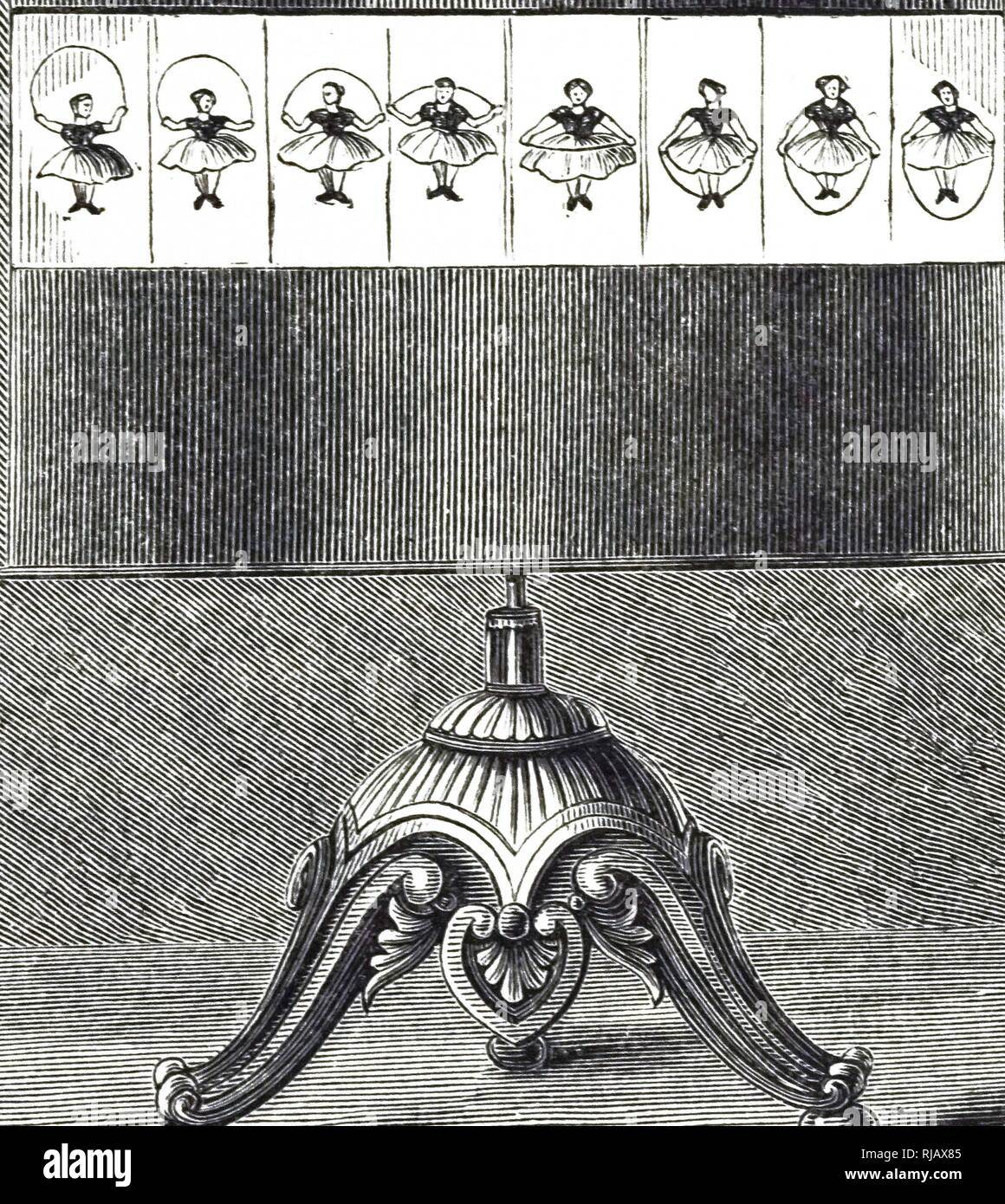 An engraving depicting a zoetrope, one of several pre-film animation devices that produce the illusion of motion by displaying a sequence of drawings or photographs showing continuous phases of that motion. Dated 19th century Stock Photo