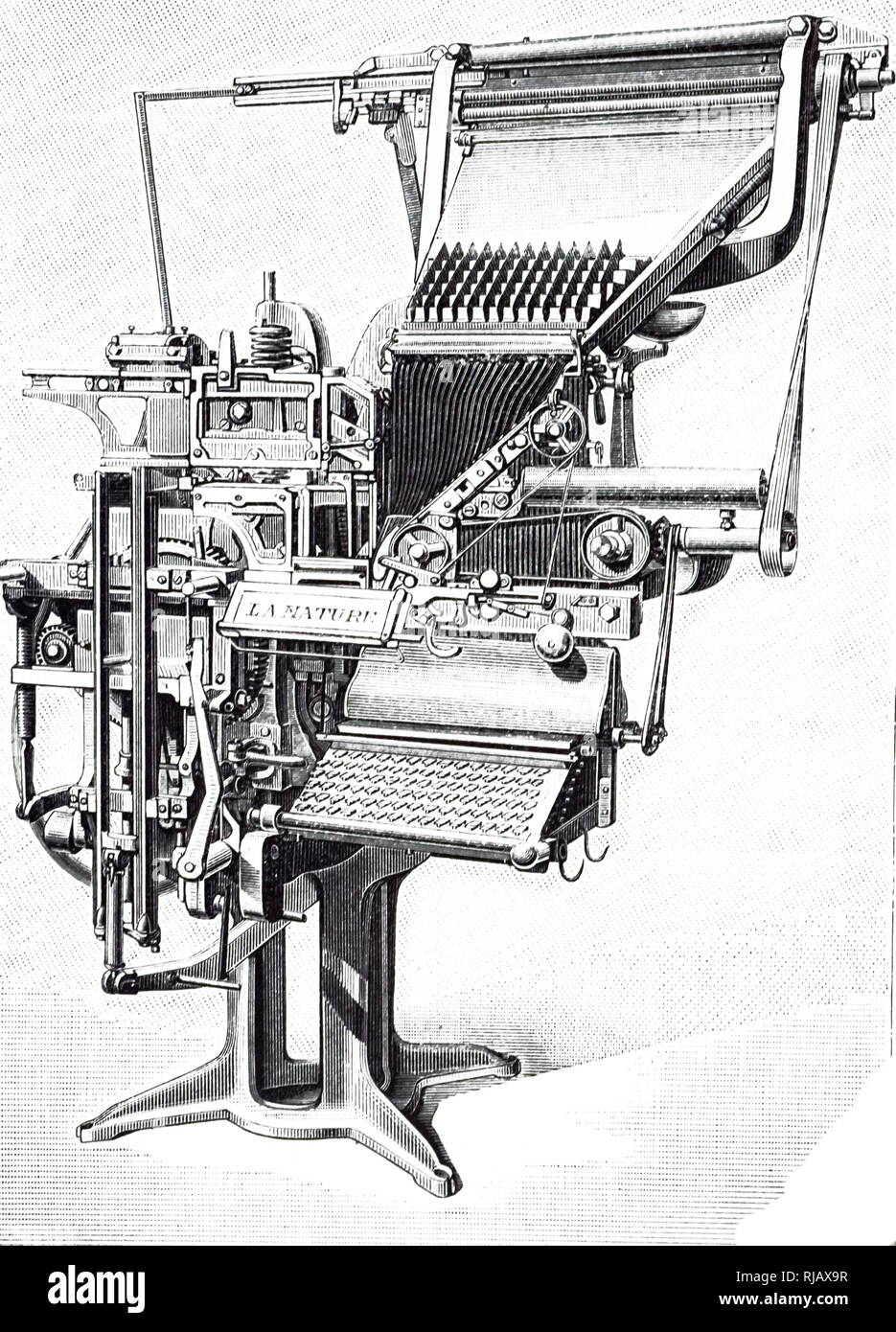 An engraving depicting a linotype composing machine. The average rate was 4,000 characters per hour, but with a skilled operator, this could rise to 7,500. Dated 19th century Stock Photo