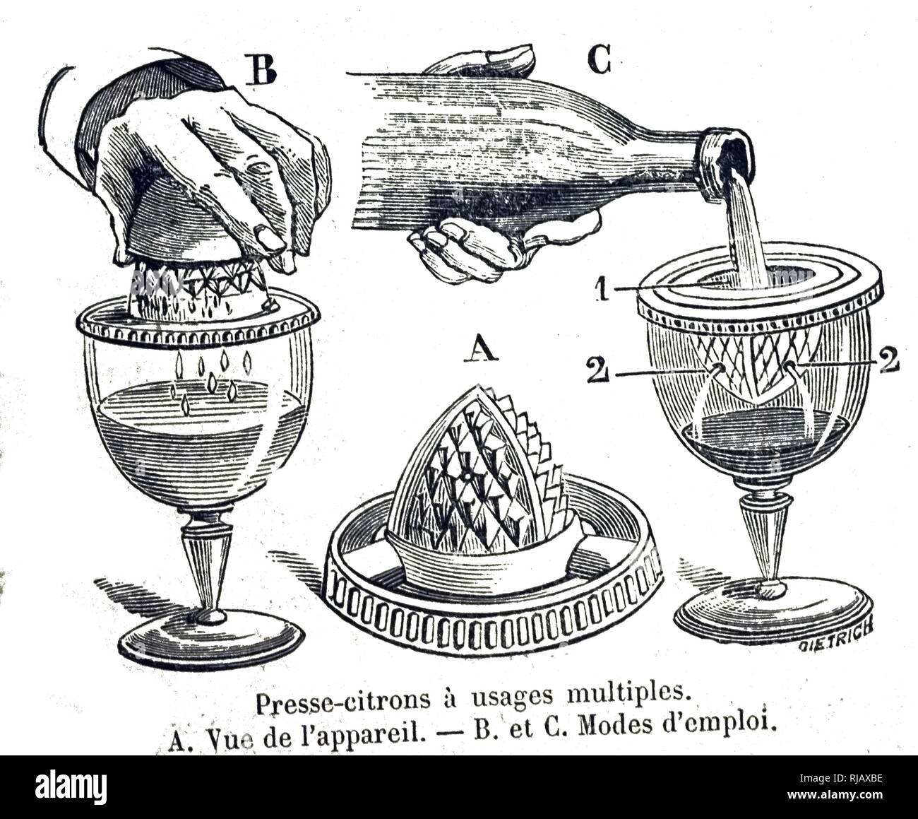 An engraving depicting a lemon squeezer. Dated 19th century Stock Photo