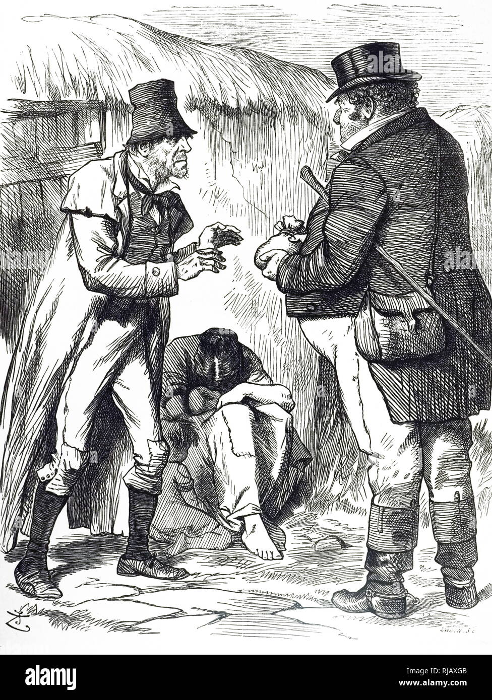 A cartoon commenting on the Irish Potato Famine. Illustrated by John Tenniel (1820-1914) an English illustrator, graphic humourist, and political cartoonist. Dated 19th century Stock Photo