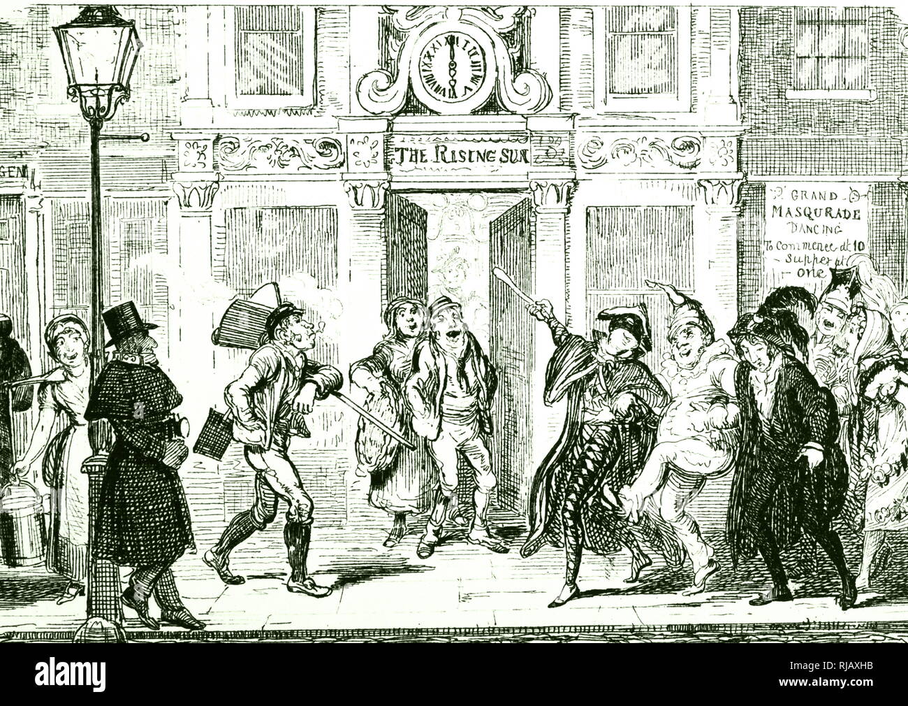 A cartoon depicting a London street scene with revellers returning home as the labouring classes start their workday. Illustrated by George Cruikshank (1792-1878) a British caricaturist and book illustrator. Dated 19th Century Stock Photo
