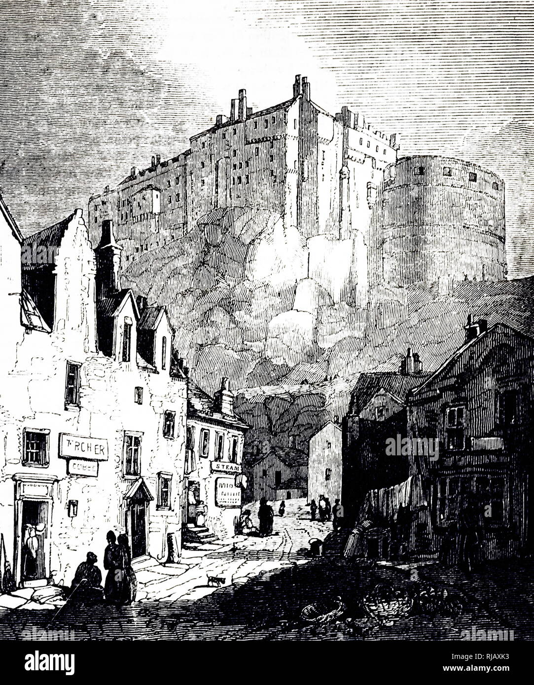 An engraving depicting Edinburgh Castle, a historic fortress on the