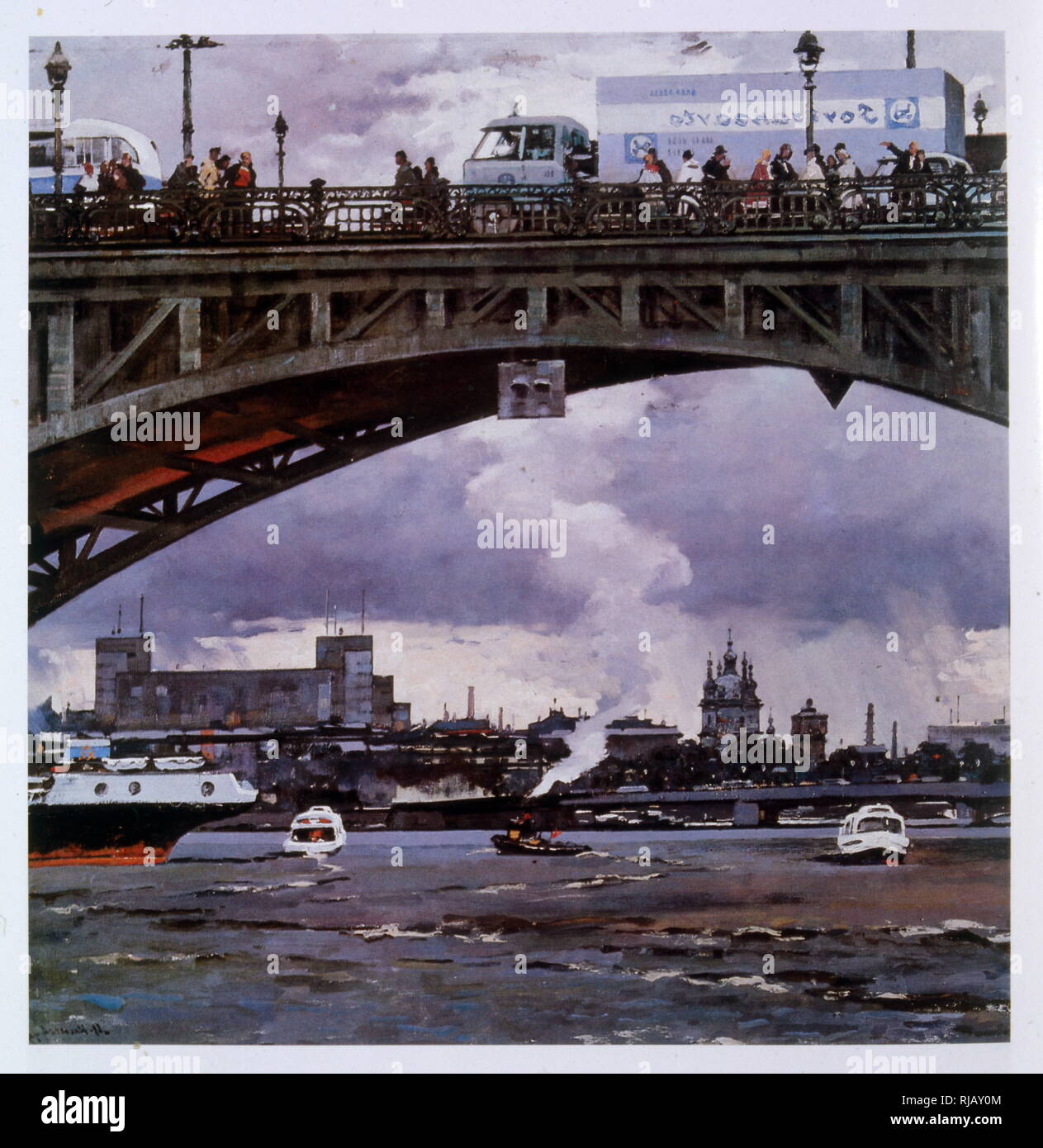Painting by Soviet Russian artist M. Kaneyev, depicting the Kirov Bridge, 1976 Stock Photo
