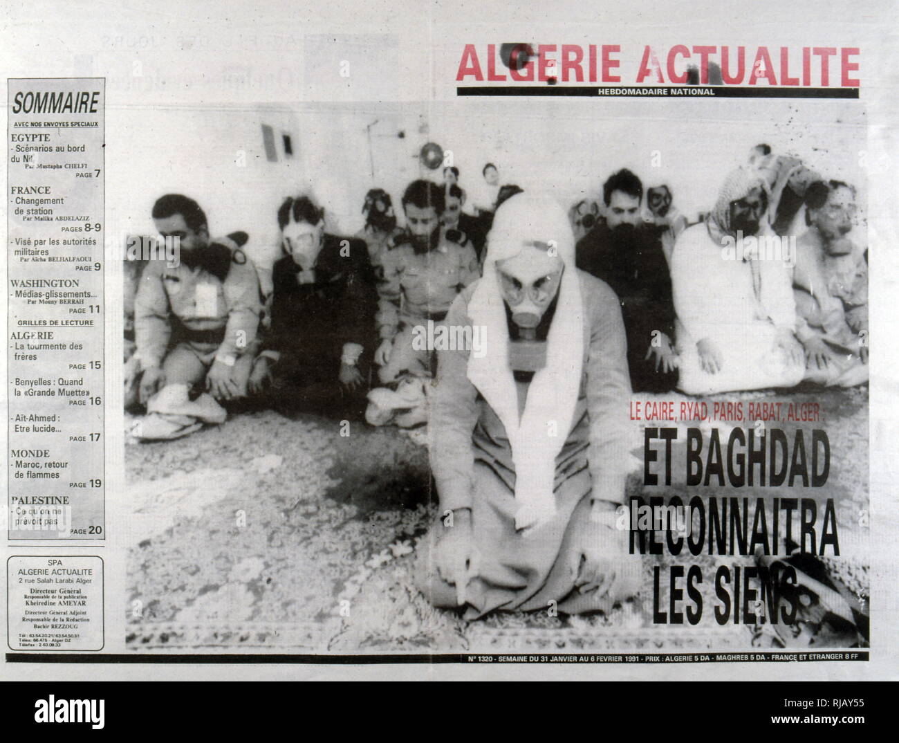 Algerian French magazine cover depicting Arabs in Gas masks during the 1991 Gulf War in Kuwait and Iraq Stock Photo