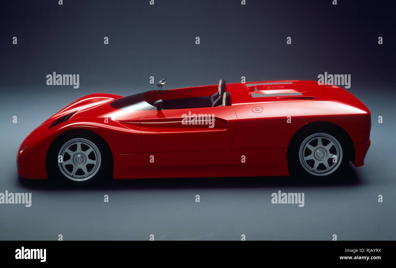 The Maserati Barchetta, mid-engined, two-door, two-seat sports car, produced at De Tomaso's factory in Modena. It featured a mid-engine V6 AM501 Maserati biturbo engine 1996cc, accelerating the car to about 180 mph (290 km/h). The development of a road version was stopped at a late stage. Stock Photo