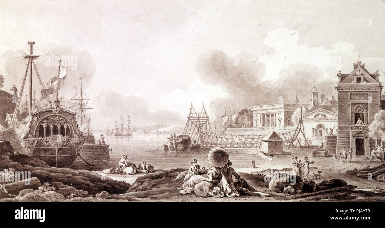 Illustration of a French Shipyard with a warship under construction. 18th century Stock Photo