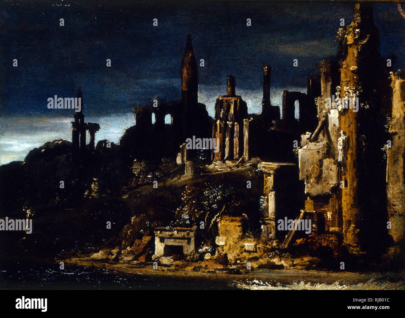 Town in ruins by Monsu Desiderio. 17th century. Monsu was the name formerly given to an artist believed to have painted architectural scenes in a distinctive style in Naples in the early seventeenth century. art historians identified the works previously attributed to 'Desiderio' as being by at least three different painters: Francois de Nome (1593 – after 1620) and Didier Barra, both originally from Metz, and a third artist, whose name is unknown. Stock Photo