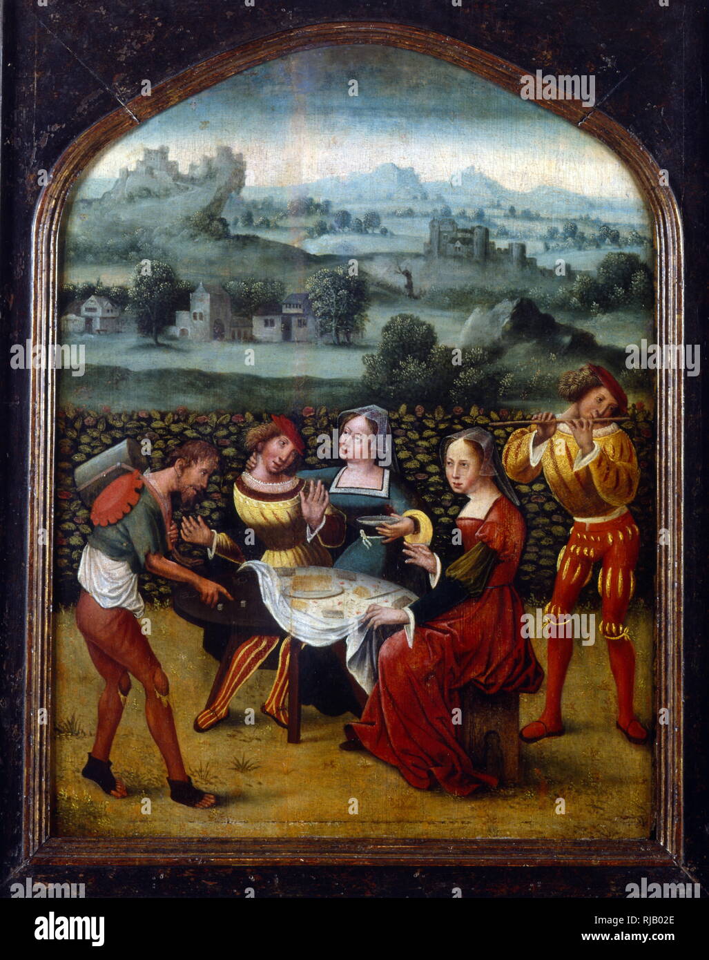 The Prodigal Son. Miniature by Mongrammiste de Brunswick. 16th century. The Brunswick Monogrammist was an anonymous Netherlandish painter, active in the mid-to-late 16th century. He (or she) painted religious scenes but also several scenes of secular merriment, including brothel and tavern scene Stock Photo