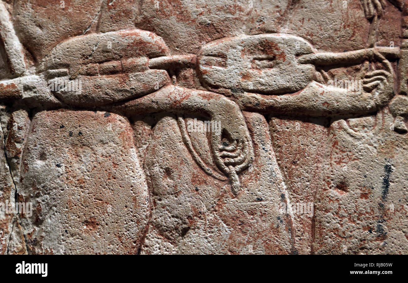 Egyptian relief. Attendants of the Royal Family. Dynasty 18, Akhenaten era, ca. 1353-36 BC. Musicians. The Met. NY, USA. Stock Photo