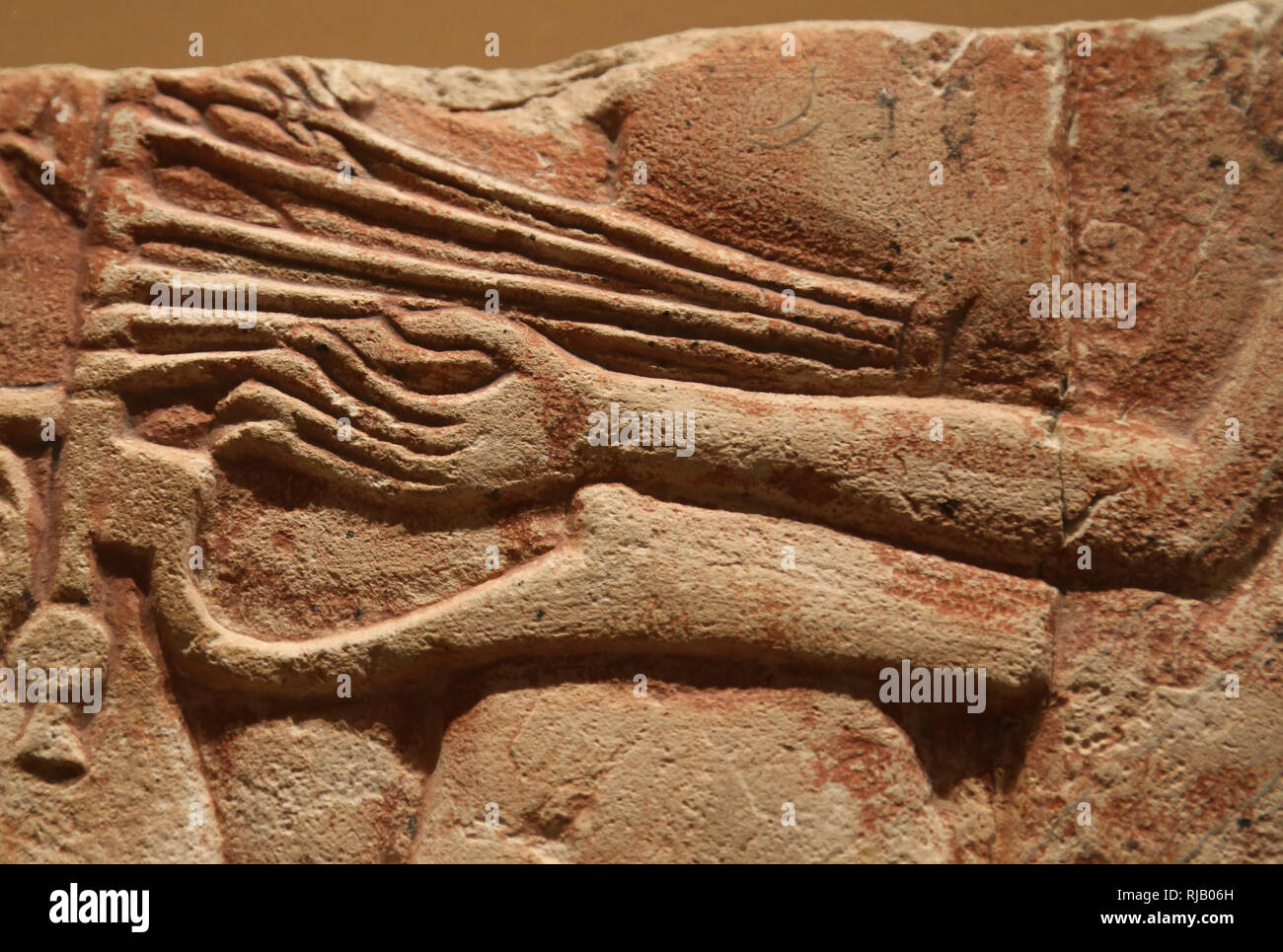Egyptian relief. Attendants of the Royal Family. Dynasty 18, Akhenaten era, ca. 1353-36 BC. Musician. Harp. The Met. NY, USA. Stock Photo