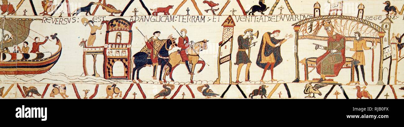 A scene from the Bayeux Tapestry depicting King Edward talking with Harold.  The Bayeux Tapestry is an embroidered cloth nearly 70 metres (230 ft) long and 50 centimetres (20 in) tall, It depicts the events leading up to the Norman conquest of England concerning William, Duke of Normandy, and Harold, Earl of Wessex, later King of England, and culminating in the Battle of Hastings. It is thought to date to the 11th century Stock Photo