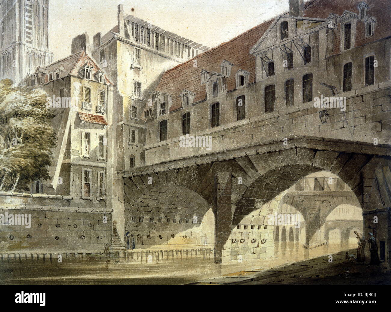 Drawing of the Bridge of the Hotel Dieu, Paris, by John Claude Nattes (c.1765–1839 Dover) was a water colourist and topographical draughtsman of either French or English origin Stock Photo