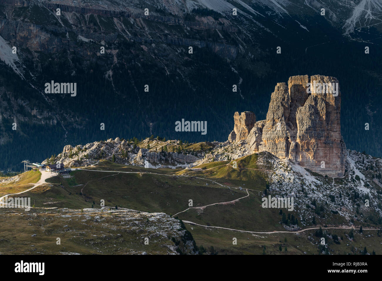 Europe, Italy, Alps, Dolomites, Mountains, Cinque Torri, View from Rifugio Nuvolau Stock Photo