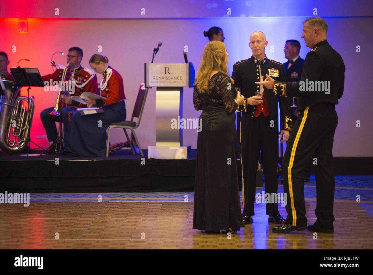 U.S. Marine Corps Brig. Gen. James F. Glynn, director, Office of United State Marine Corps Communication, speaks with guests during the Headquarters & Service Battalion Marine Corps Ball at the Renaissance Arlington Capitol View Hotel, Arlington, Va., Nov. 05, 2016. The ball was held in celebration of the Marine Corps’ 241st birthday. Stock Photo
