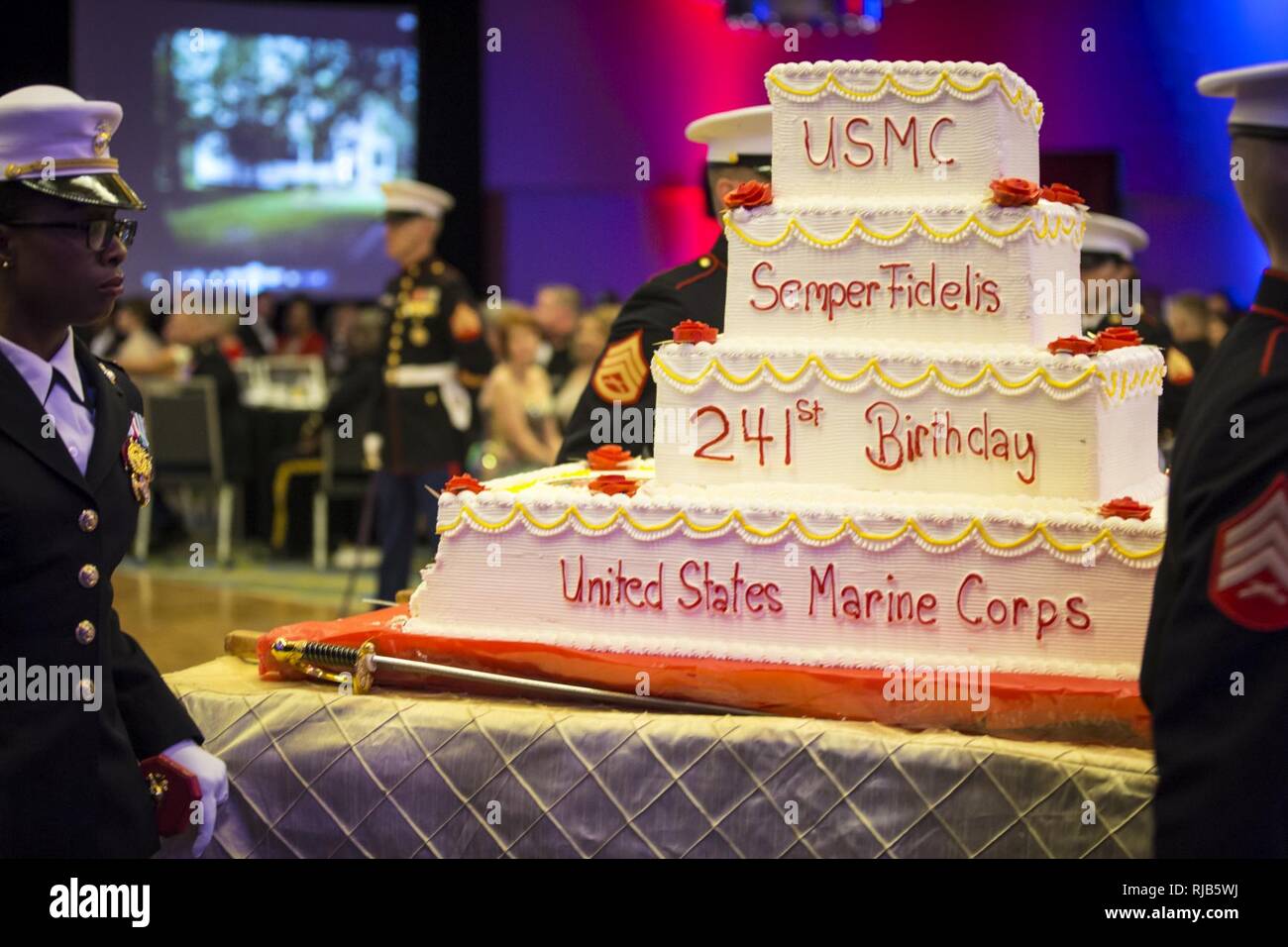 The cake detail retires the cake during the Headquarters & Service Battalion Marine Corps Ball, Renaissance Arlington Capitol View Hotel, Arlington, Va., Nov. 05, 2016. The ball was held in celebration of the Marine Corps’ 241st birthday. Stock Photo