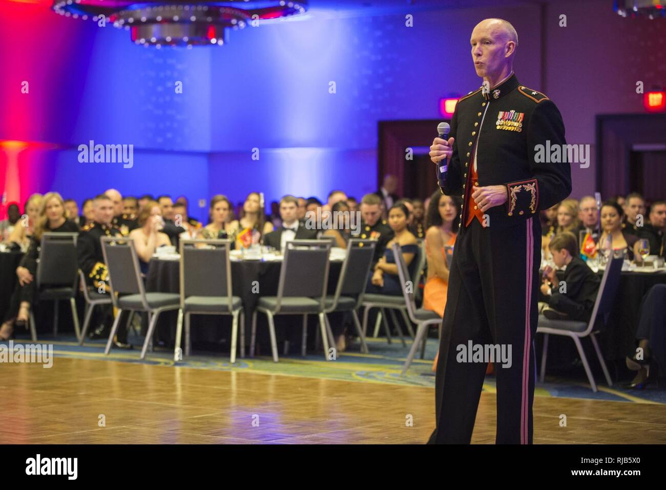 U.S. Marine Corps Brig. Gen. James F. Glynn, director, Office of United State Marine Corps Communication, gives remarks during the Headquarters & Service Battalion Marine Corps Ball at the Renaissance Arlington Capitol View Hotel, Arlington, Va., Nov. 05, 2016. The ball was held in celebration of the Marine Corps’ 241st birthday. Stock Photo