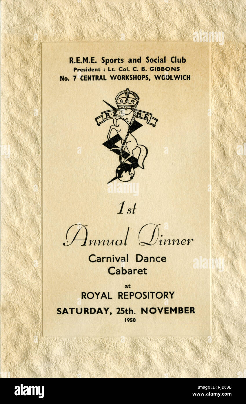 REME Woolwich, Dinner Dance card Stock Photo