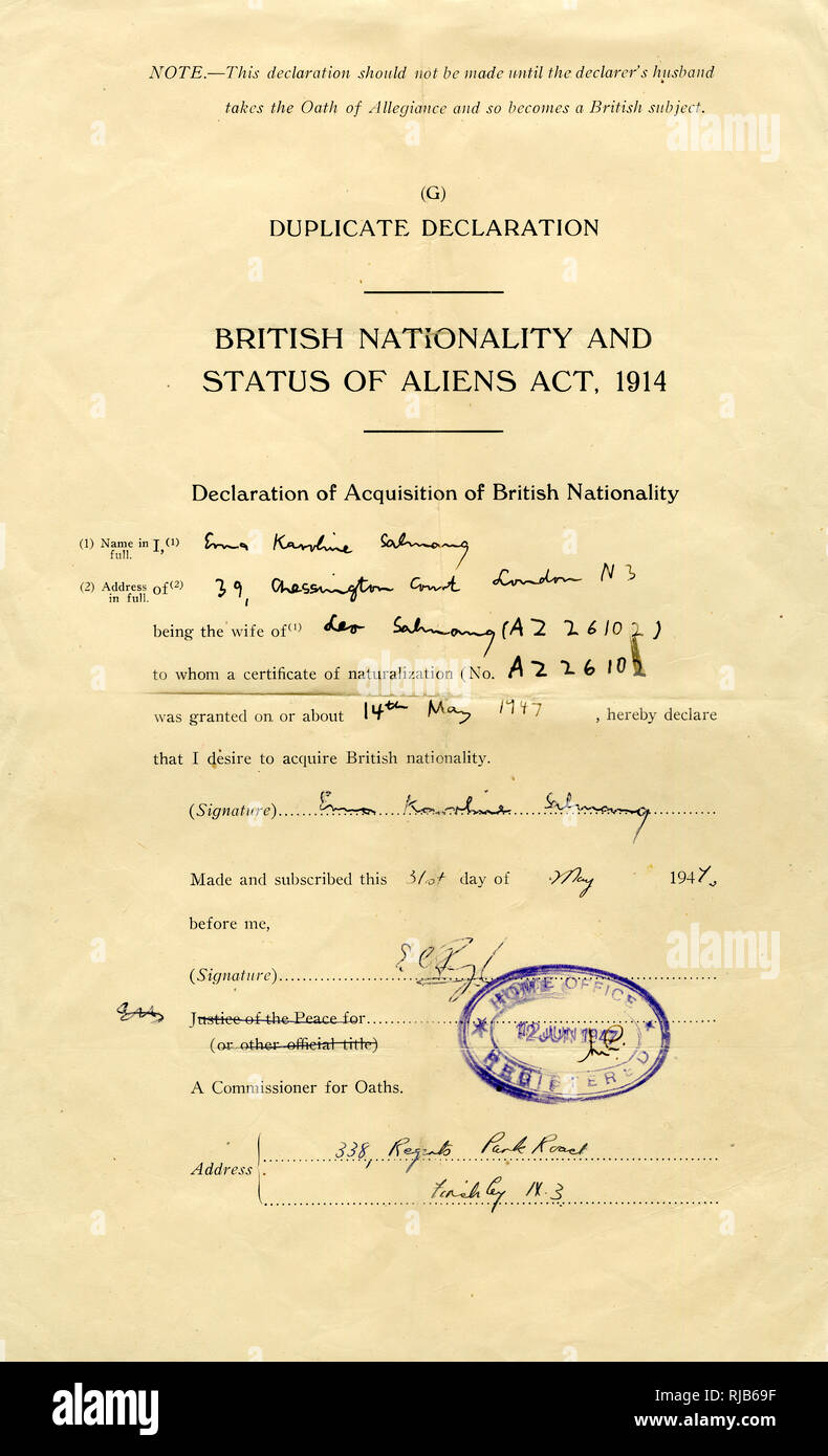 Form, British Nationality and Status of Aliens Act, 1914 Stock Photo