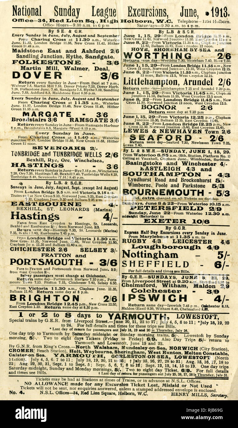 Leaflet, National Sunday League Excursions, June 1913 Stock Photo