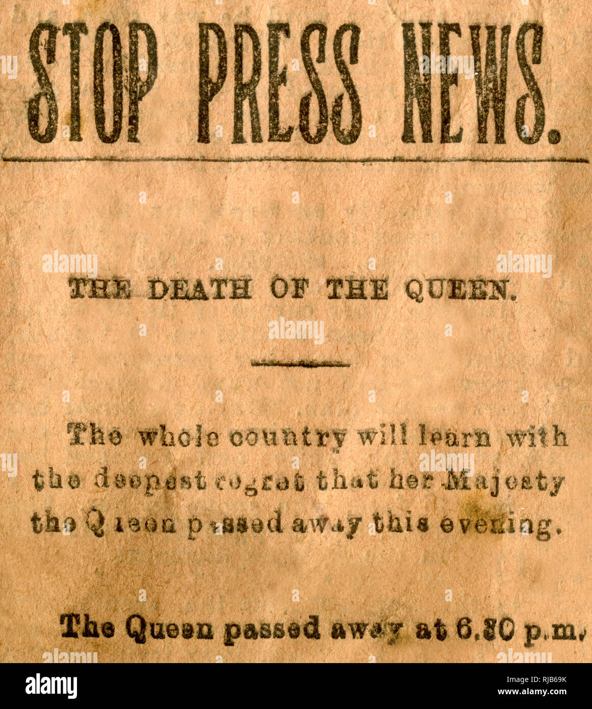 The Star newspaper stop press, death of Queen Victoria, 22 January 1901. Stock Photo
