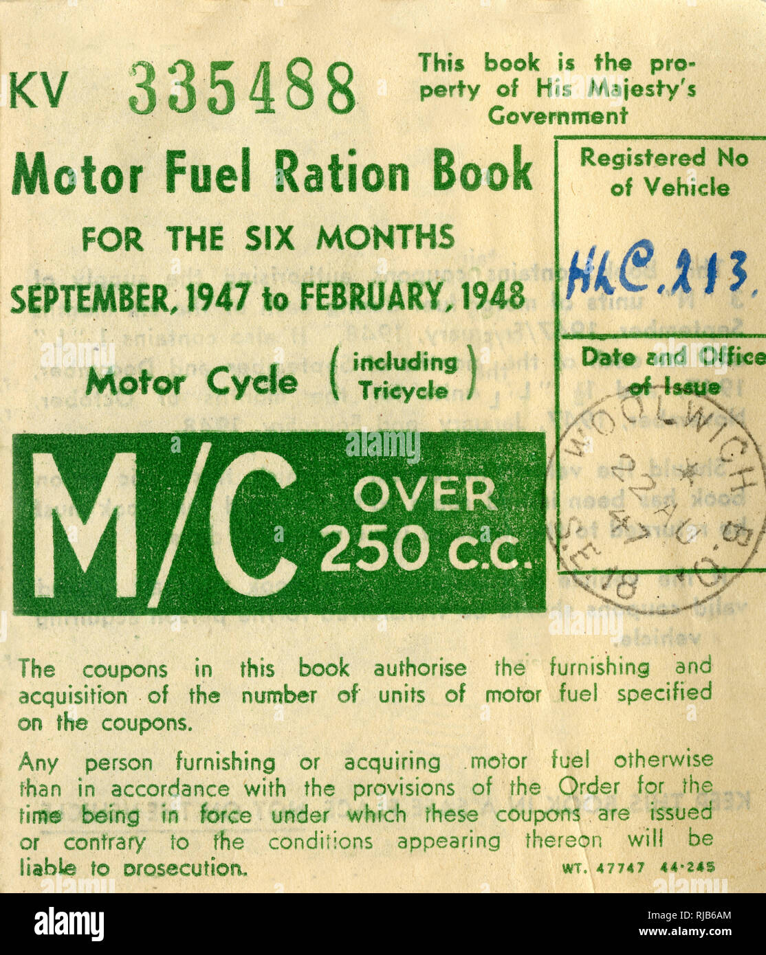 Booklet cover, Motor Fuel Ration Book Stock Photo