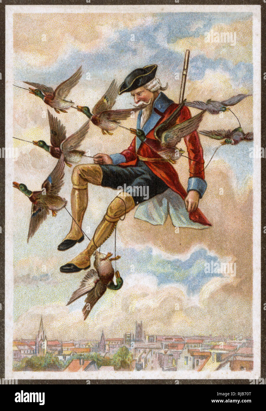 Baron Munchausen is towed through the air by ducks Stock Photo