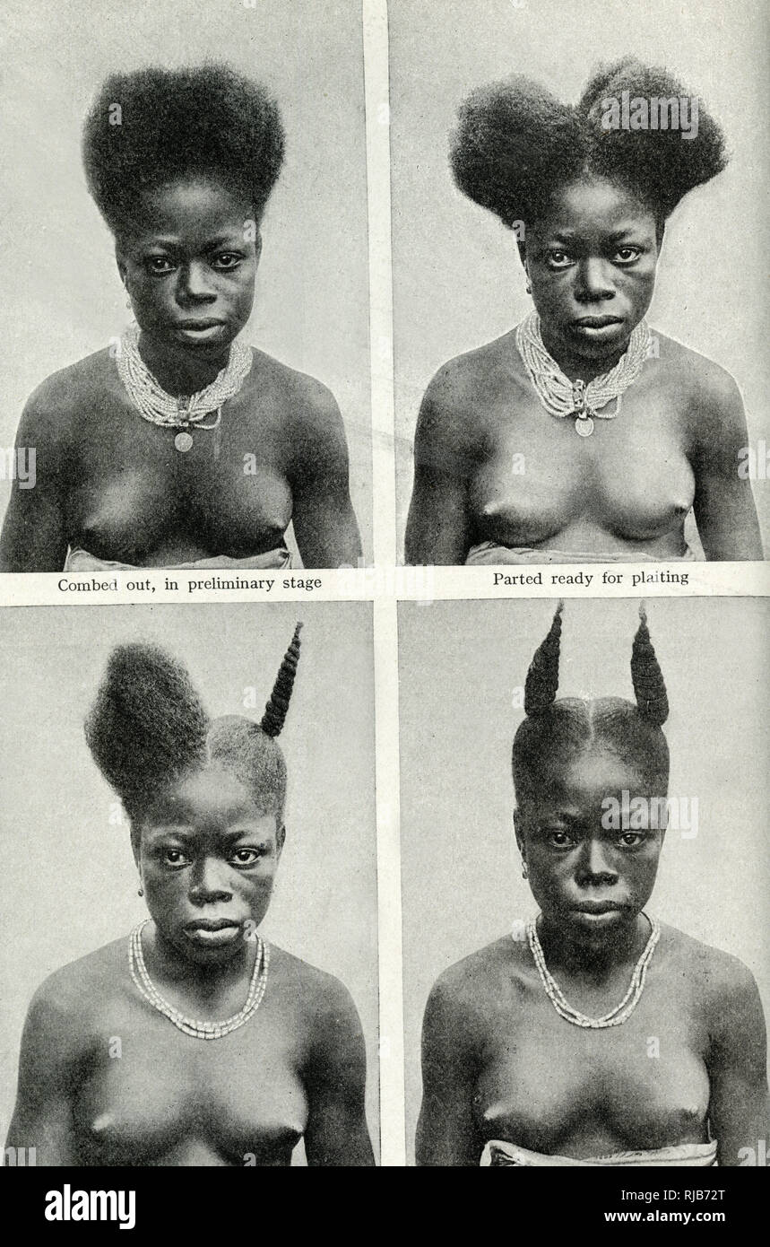 Women's hairstyles of the Gold Coast (then part of the British Empire), West Africa -- combed out (top left), parted ready for plaiting (top right), one half plaited and tied (bottom left), both plaits tied (bottom right). Stock Photo