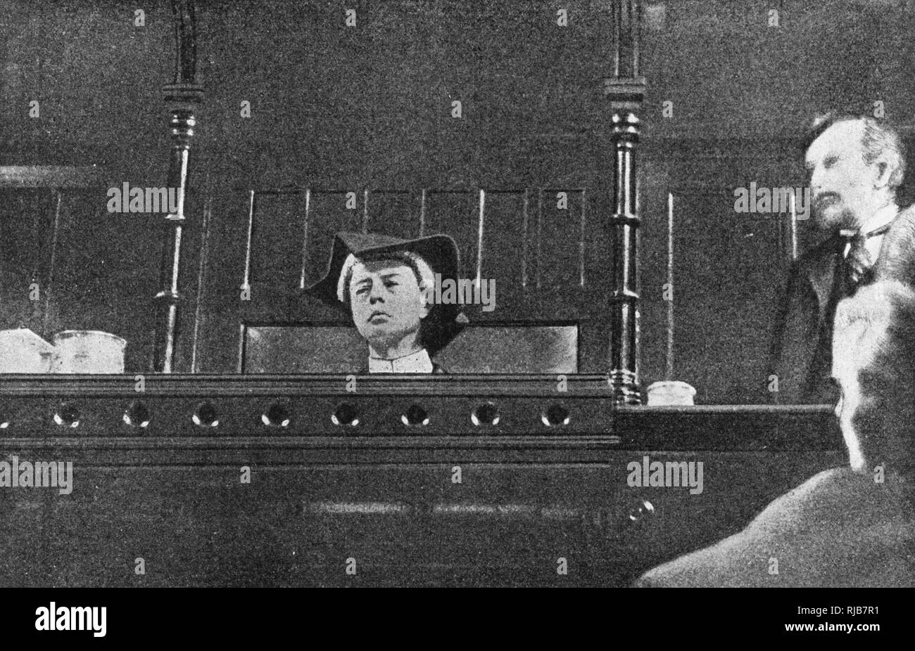Mr Justice Avory sentencing Thomas Allaway to death. This photograph is unique as it is the only one ever taken in a British Court of Justice showing a judge wearing the dreaded black cap. Thomas Henry Allaway was convicted of the murder of Irene May Wilkins and was hung. Stock Photo