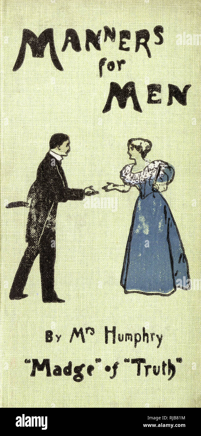 Colour front cover of 'Manners for Men' by Mrs Humphry, 'Madge' of 'Truth', showing a lady and gentleman greeting each other cordially. Published by Ward, Lock & Company of London, 1897. Stock Photo