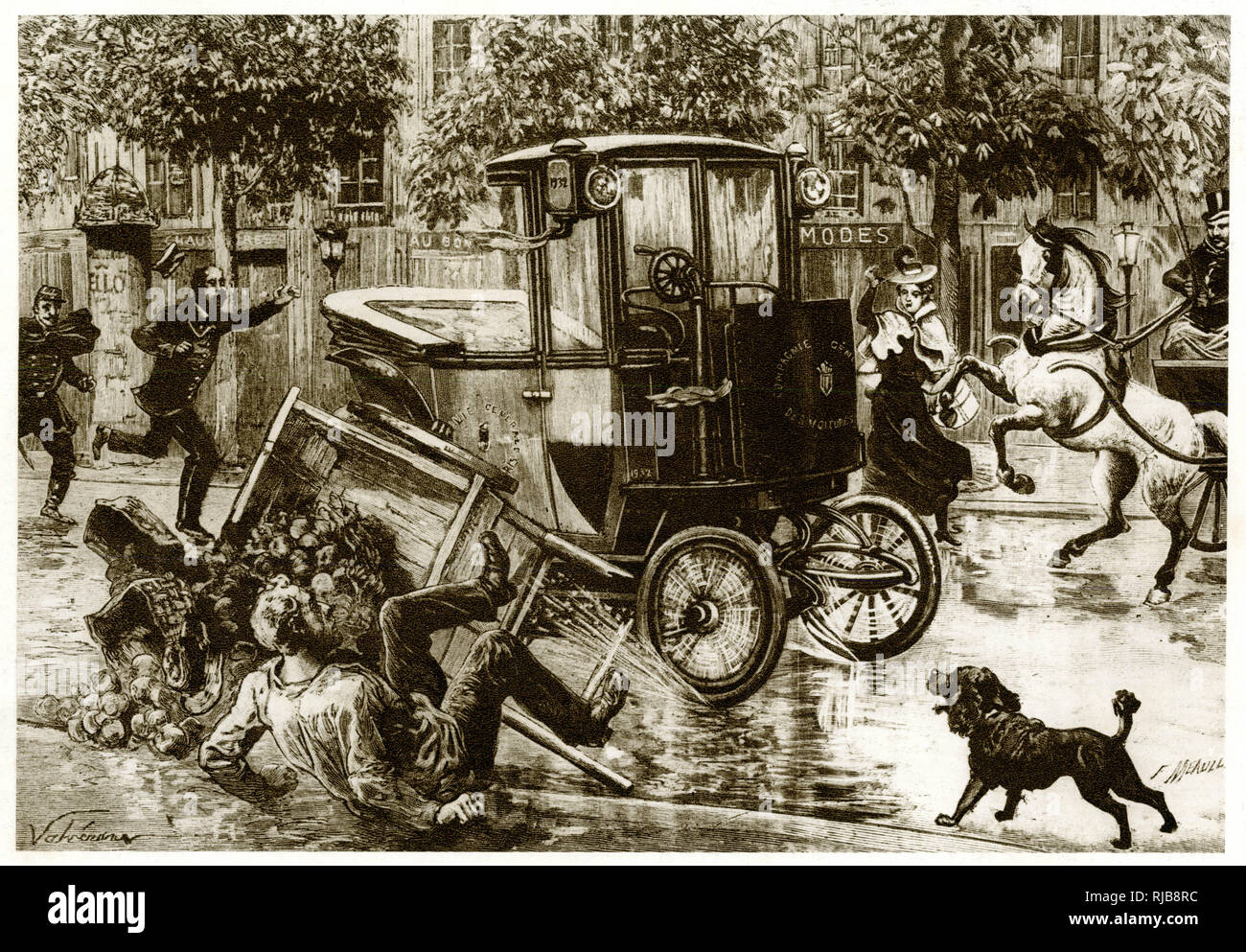 Electric cab causing consternation in a Paris street 1899 Stock Photo