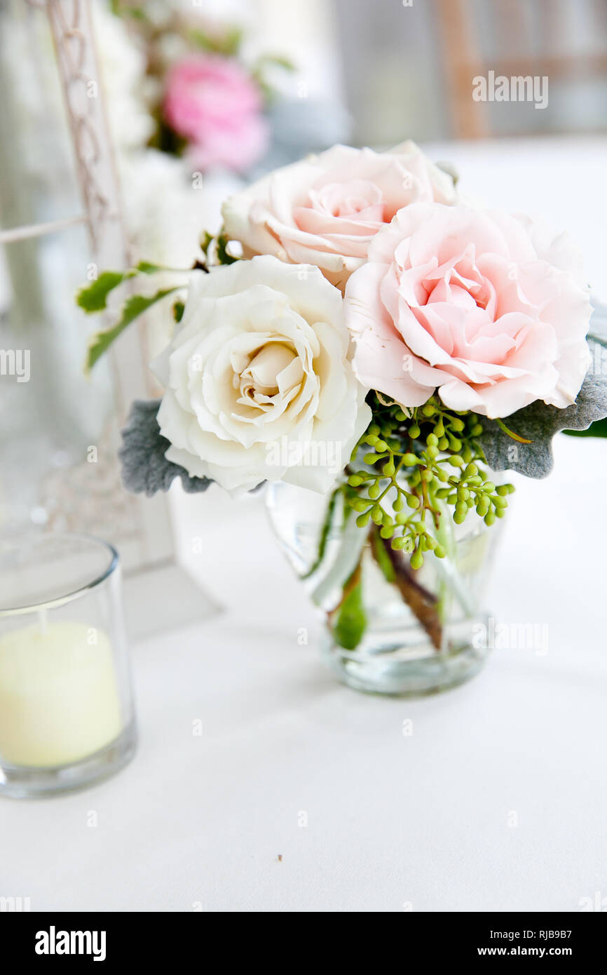Wedding Flower Arrangement With Pink And White Flowers Wedding Table Decoration Series Stock Photo Alamy