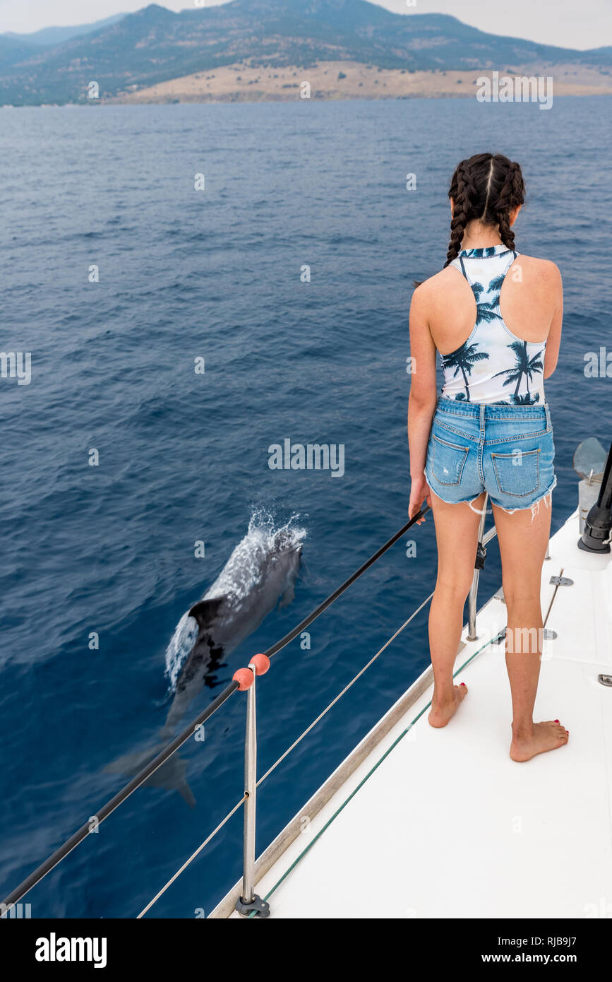 young teen standing on the deck of a sailboat with dolphin swimming along side Stock Photo