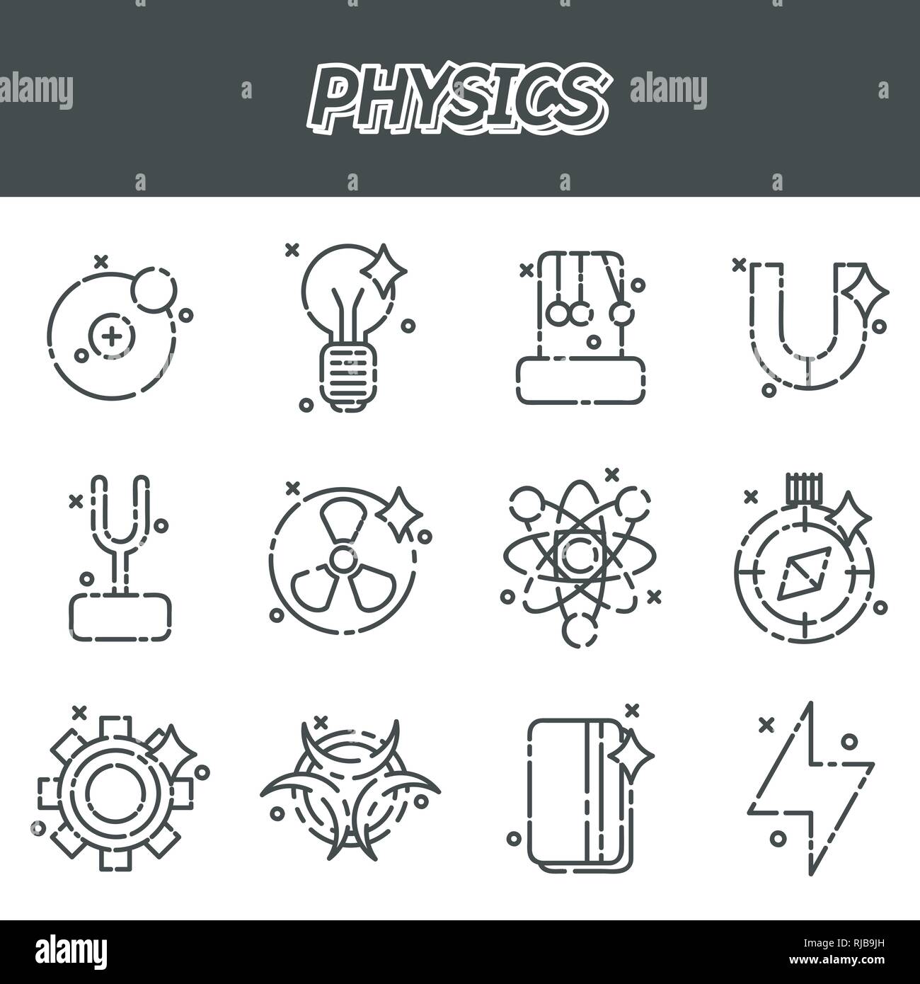 Physics icons set. Measuring equipment, instrumentation and elements Stock Vector