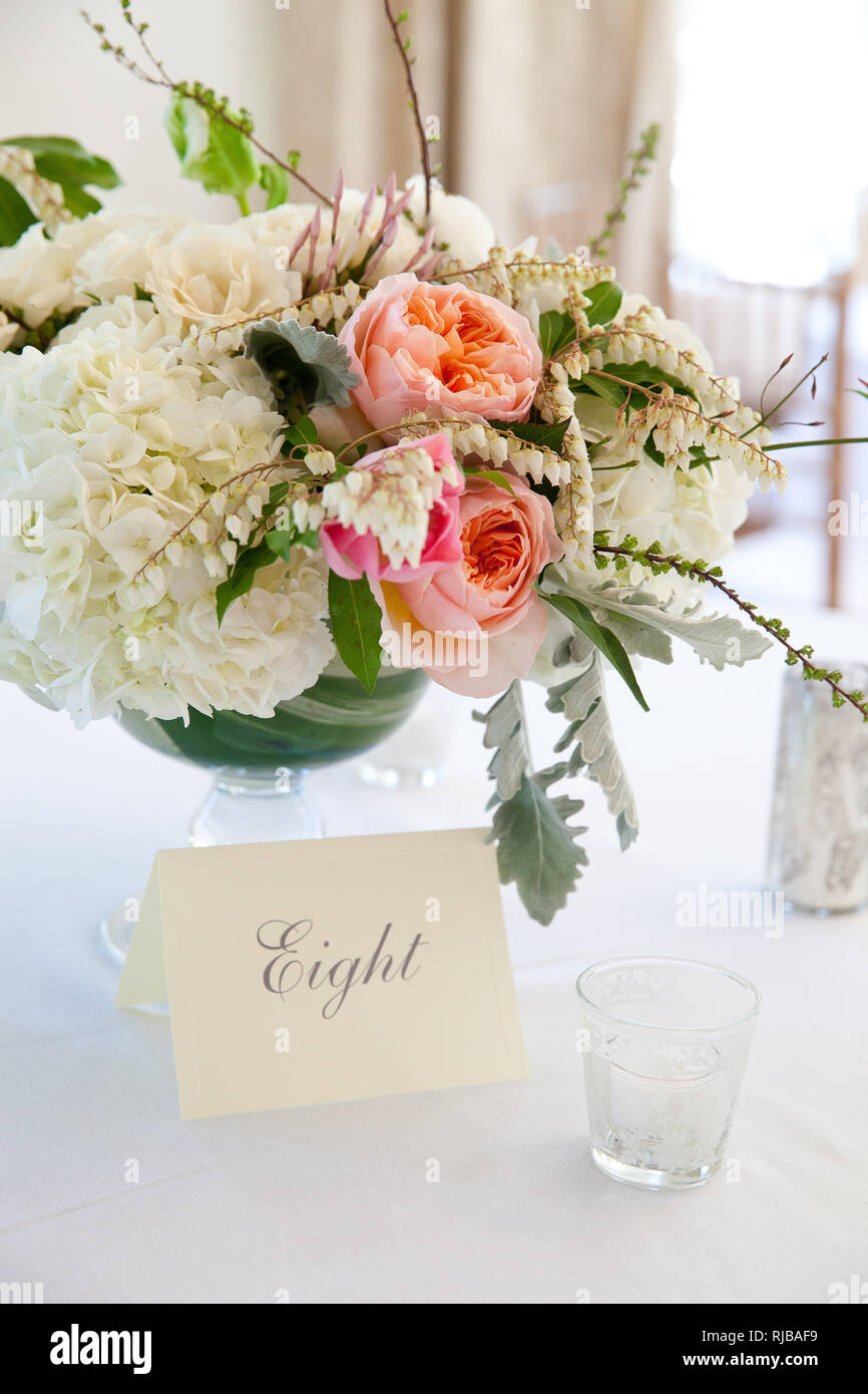 Wedding Flower Arrangement With Pink And White Flowers Wedding Table Decoration Series Stock Photo Alamy
