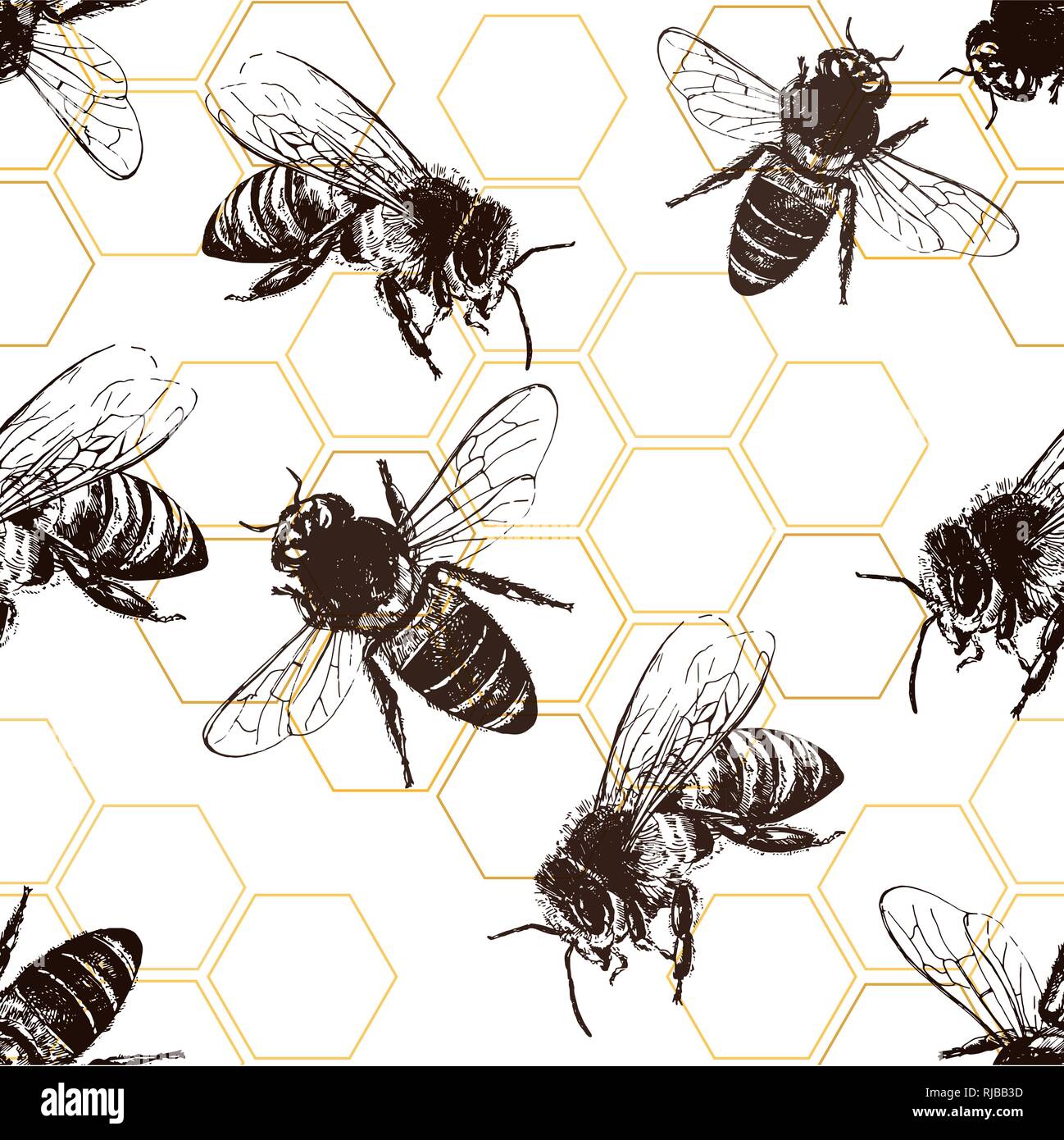 Seamless pattern of hand drawn sketch style bees and honeycombs. Vector ...